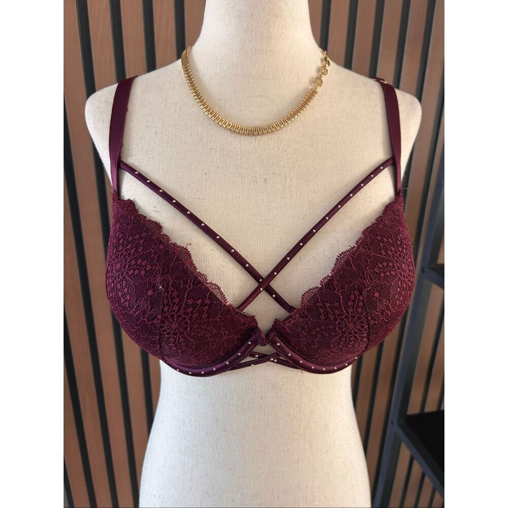 Victoria's Secret PINK Date Push Up Bra 36D Plum Lace Strappy Padded Underwire